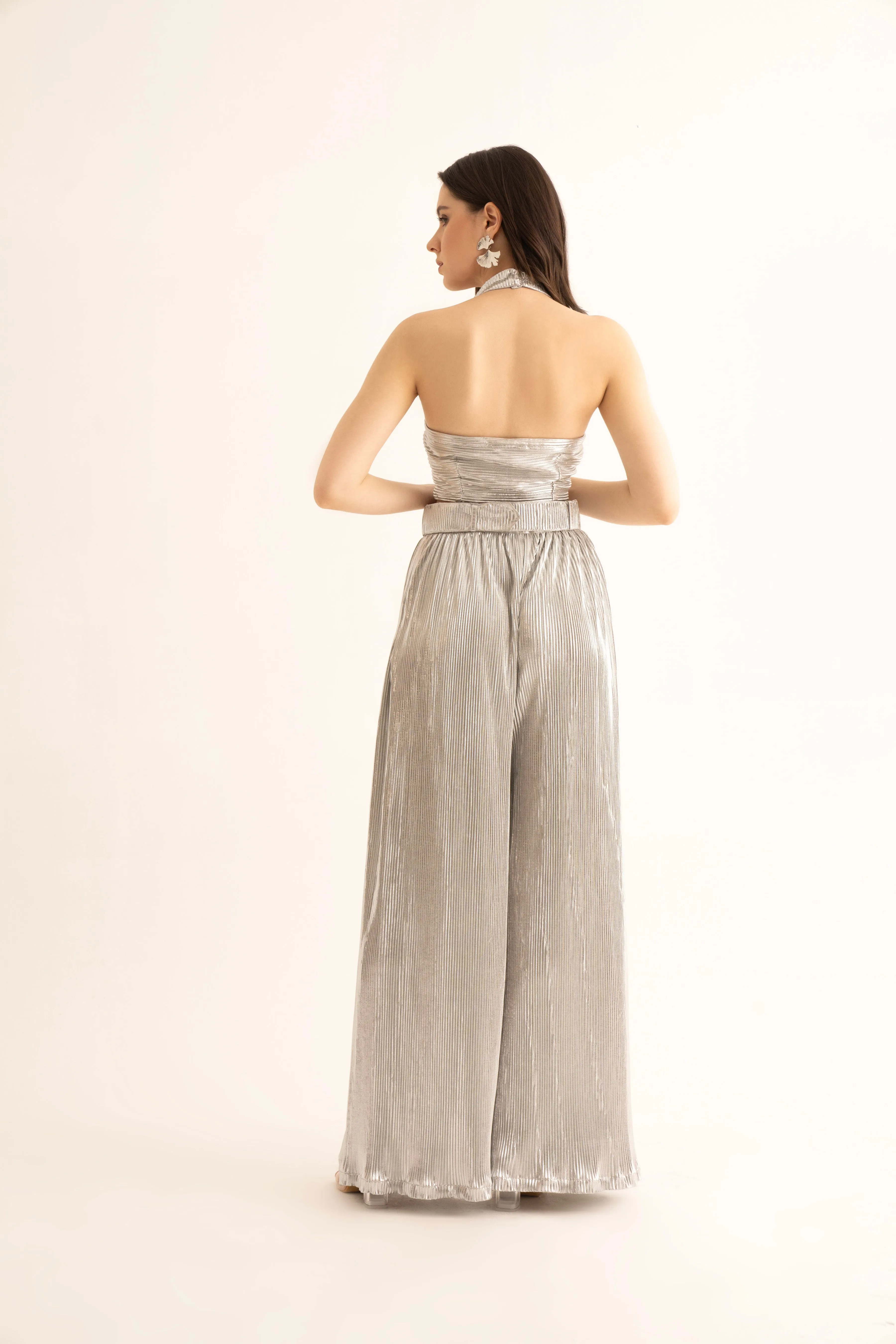 Silver Pleated Crop Top and Belted Pants Co-ord Set