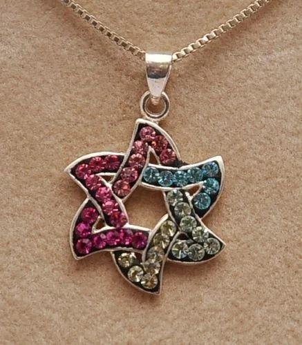 Star Of David Pendant With Multi Colors Gemstones Sterling Silver 925 Necklace