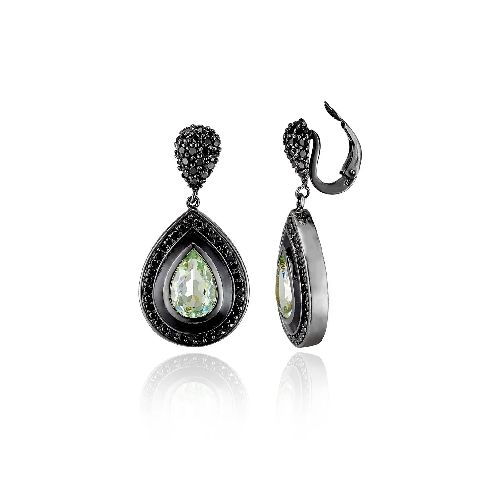 Sterling Silver Statement Earring Clips With Black Enamel, Black Spinel & Green Amethyst