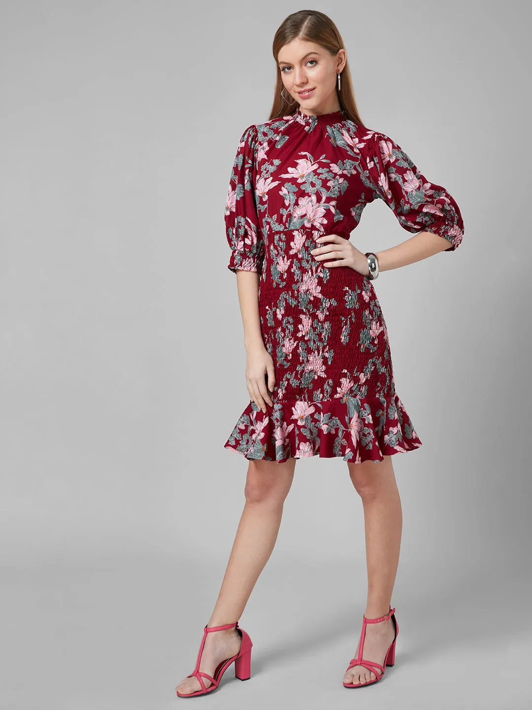 Style Quotient Women Maroon And Multi Floral Printed Polyester Bodycon Smart Casual Dress