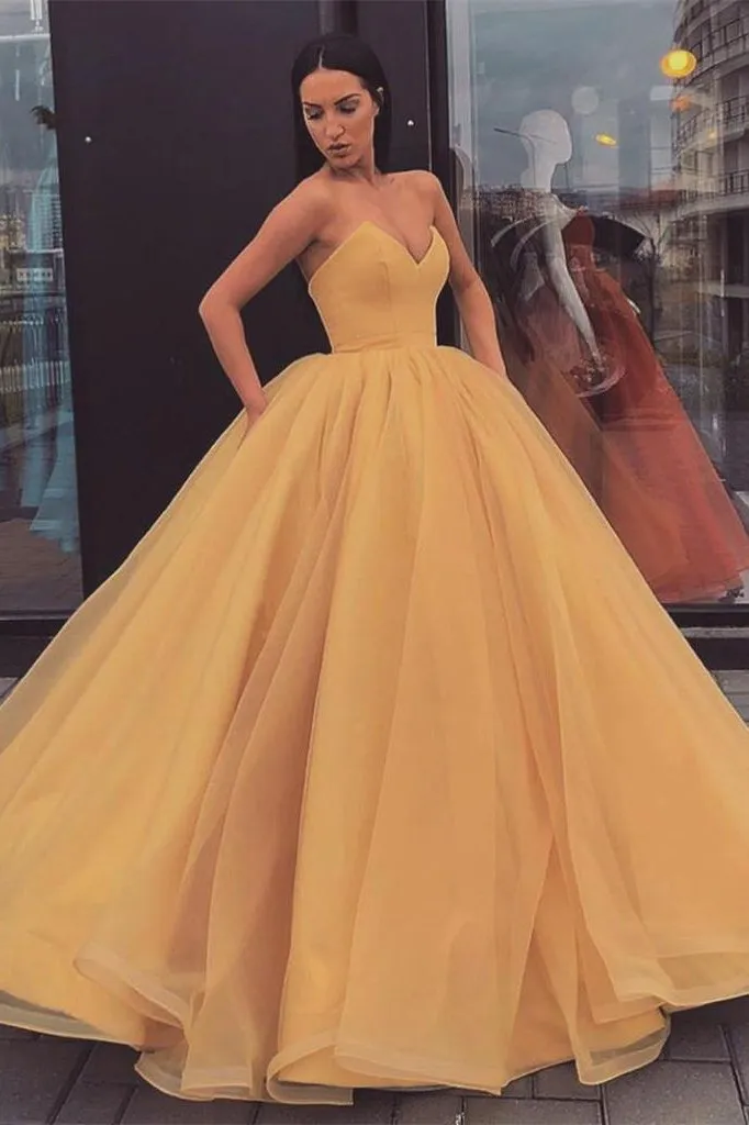 Sweetheart Strapless Yellow Long Modest Prom Gown, Ball Gown Quinceanera Dresses STK15441