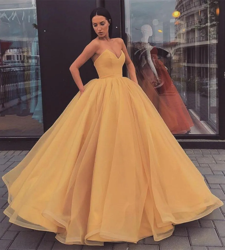 Sweetheart Strapless Yellow Long Modest Prom Gown, Ball Gown Quinceanera Dresses STK15441