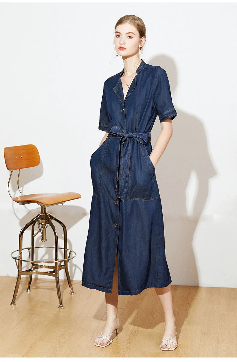 Tencel Short Sleeve Button Belted Long Dress