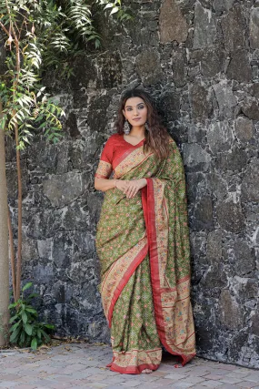 Trending Parrot Color Foil Printed And Stone Work Dola Silk Saree