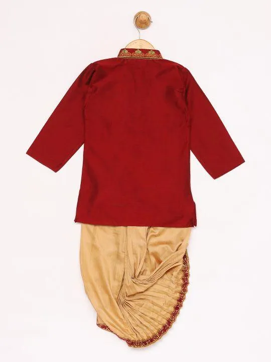 Vastramay Boy's Maroon Silk Blend Kurta and Dhoti Set