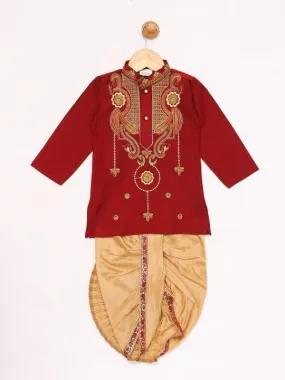 Vastramay Boy's Maroon Silk Blend Kurta and Dhoti Set