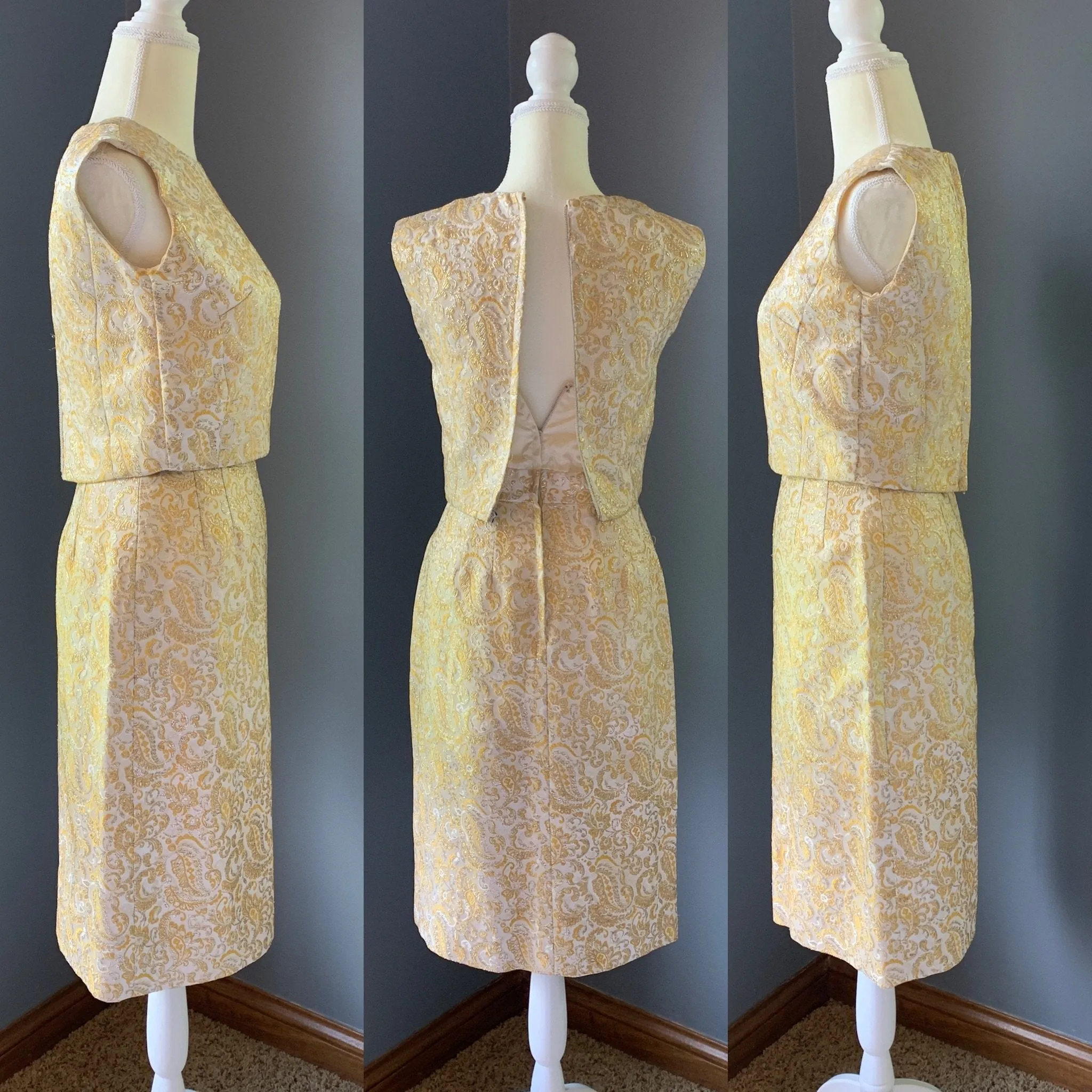 Vintage 1950s 3 Piece Wiggle Dress in a Gold and Cream Jacquard  by Lee Richard. Wedding Attire.