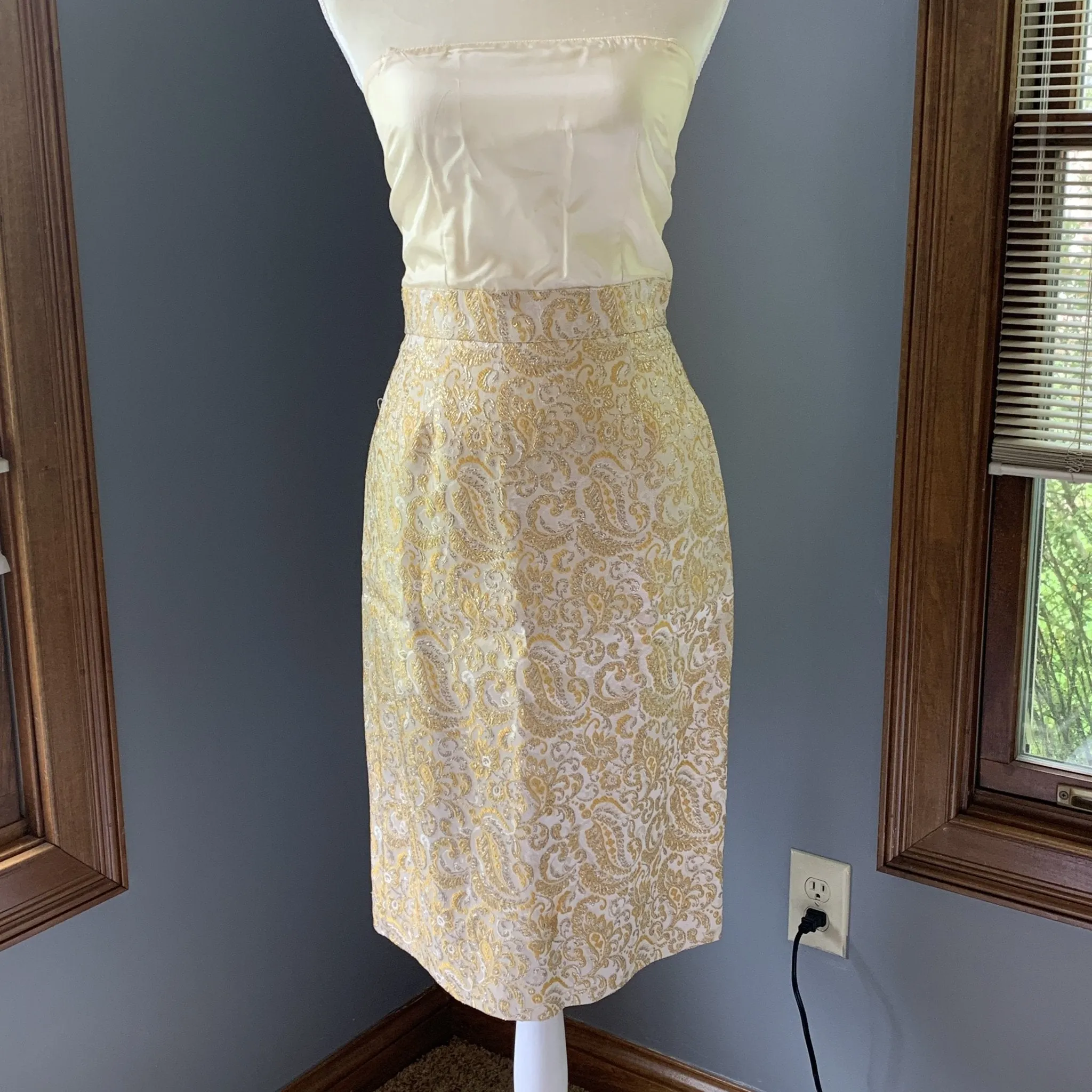 Vintage 1950s 3 Piece Wiggle Dress in a Gold and Cream Jacquard  by Lee Richard. Wedding Attire.