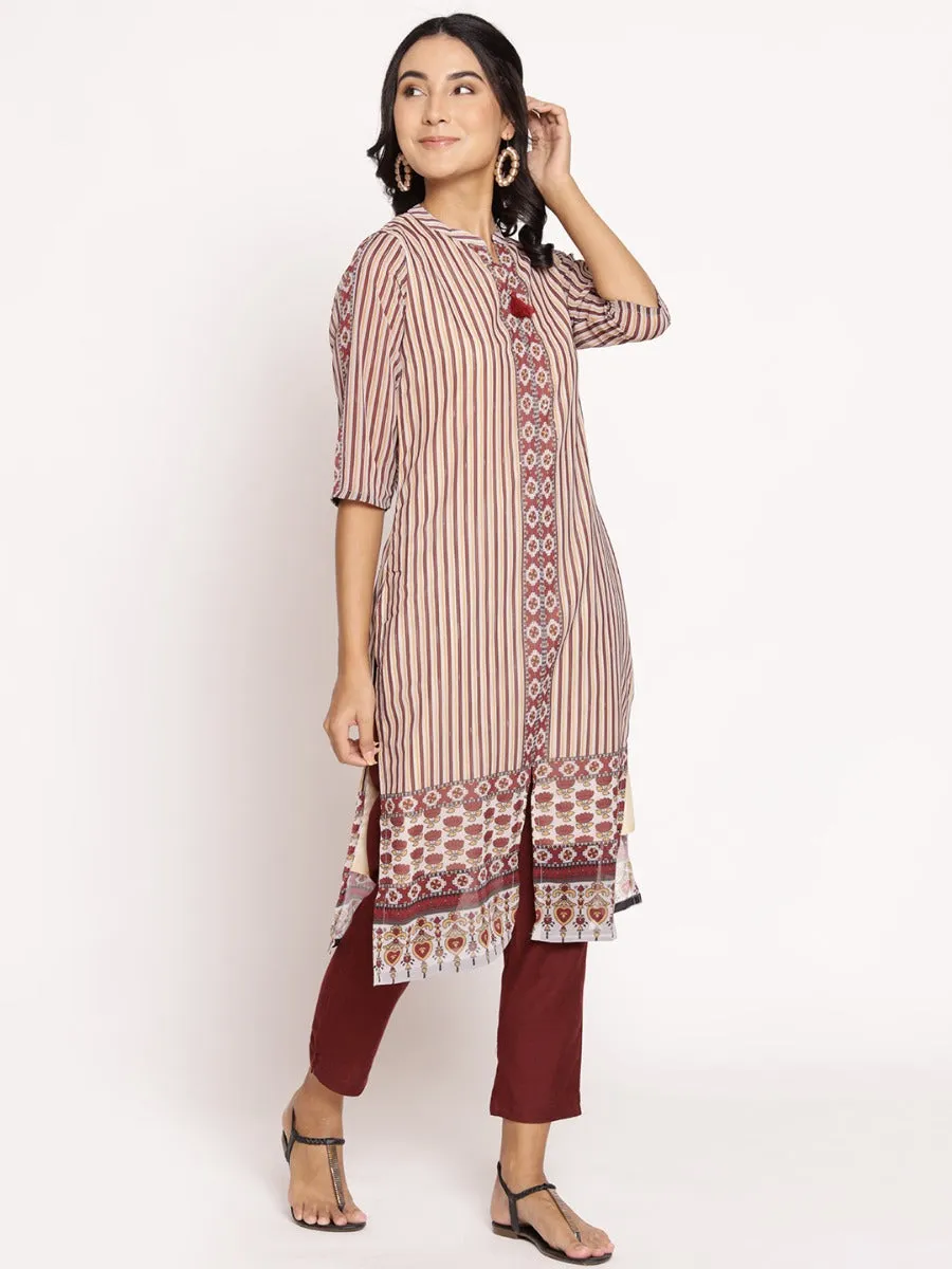 Women Beige Maroon Stripe Printed Kurta