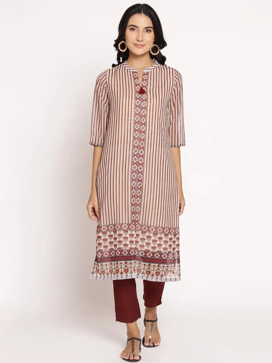 Women Beige Maroon Stripe Printed Kurta