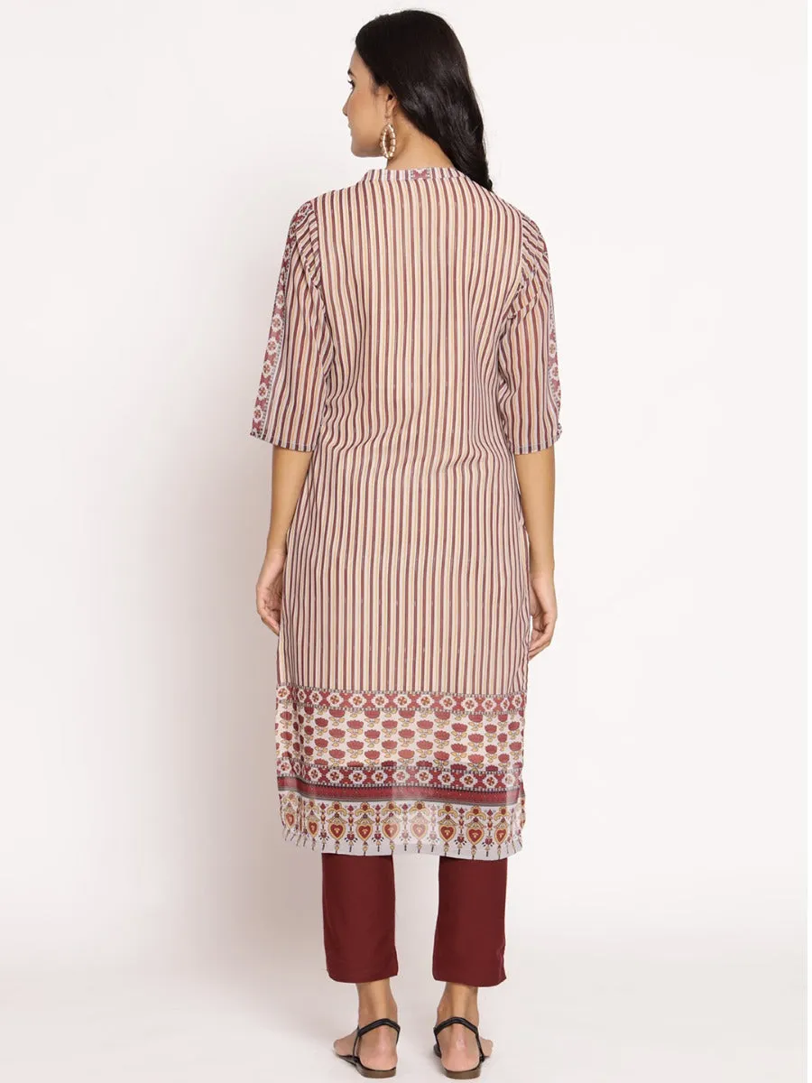 Women Beige Maroon Stripe Printed Kurta