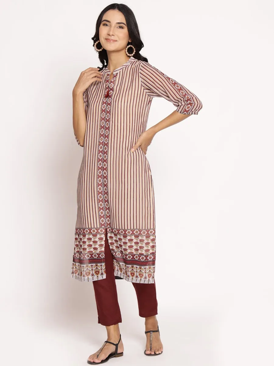 Women Beige Maroon Stripe Printed Kurta