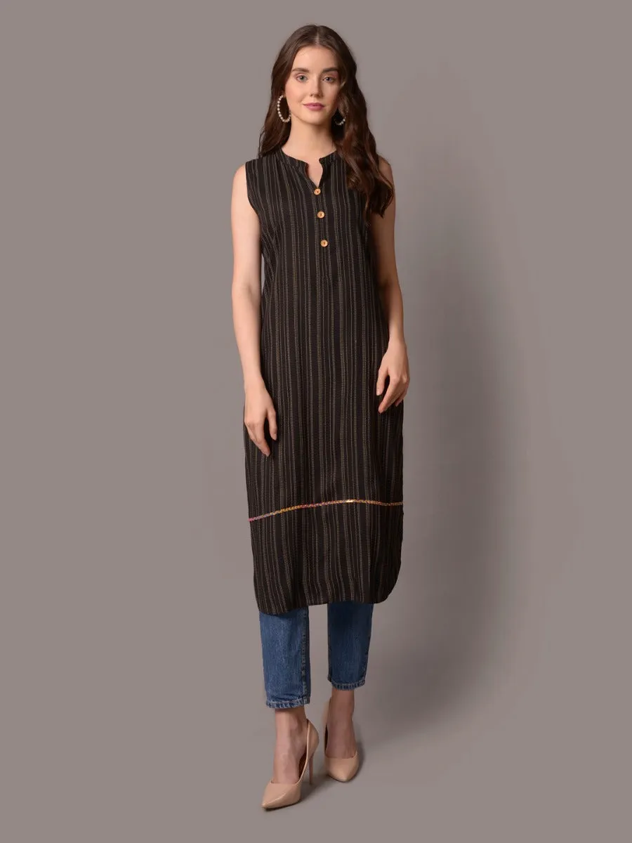 Women Black Stripe Print Kurta