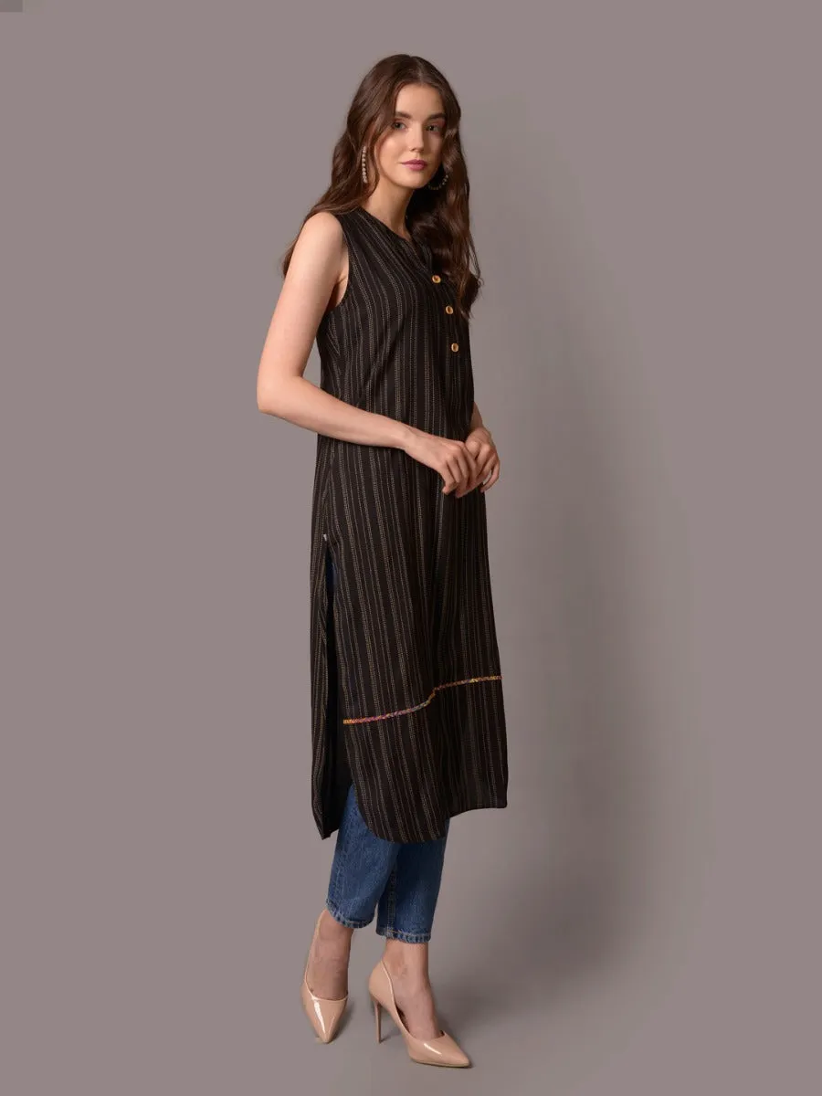 Women Black Stripe Print Kurta