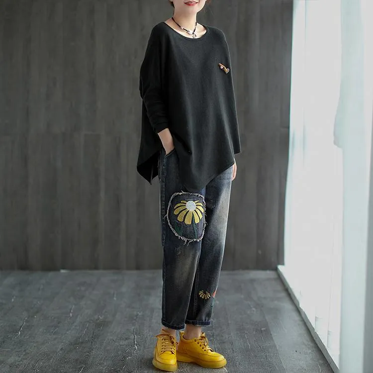 Women Pure Color Irregular Hem Sweater