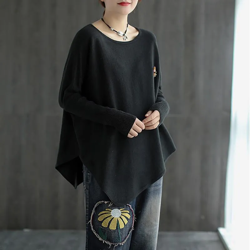 Women Pure Color Irregular Hem Sweater