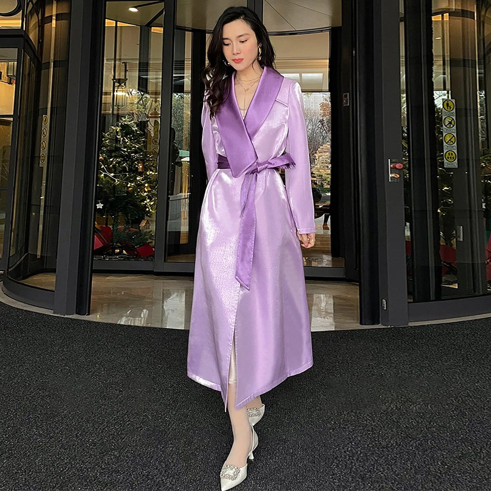 Women Purple Satin Belted Long Gown Trench Coat