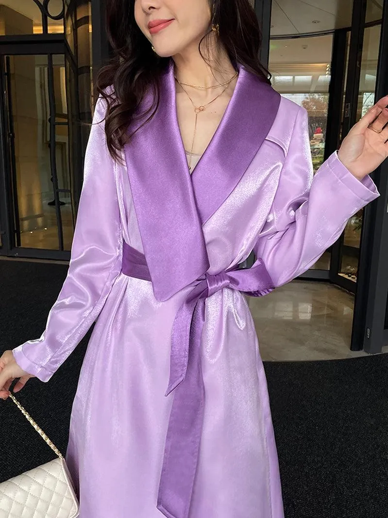 Women Purple Satin Belted Long Gown Trench Coat