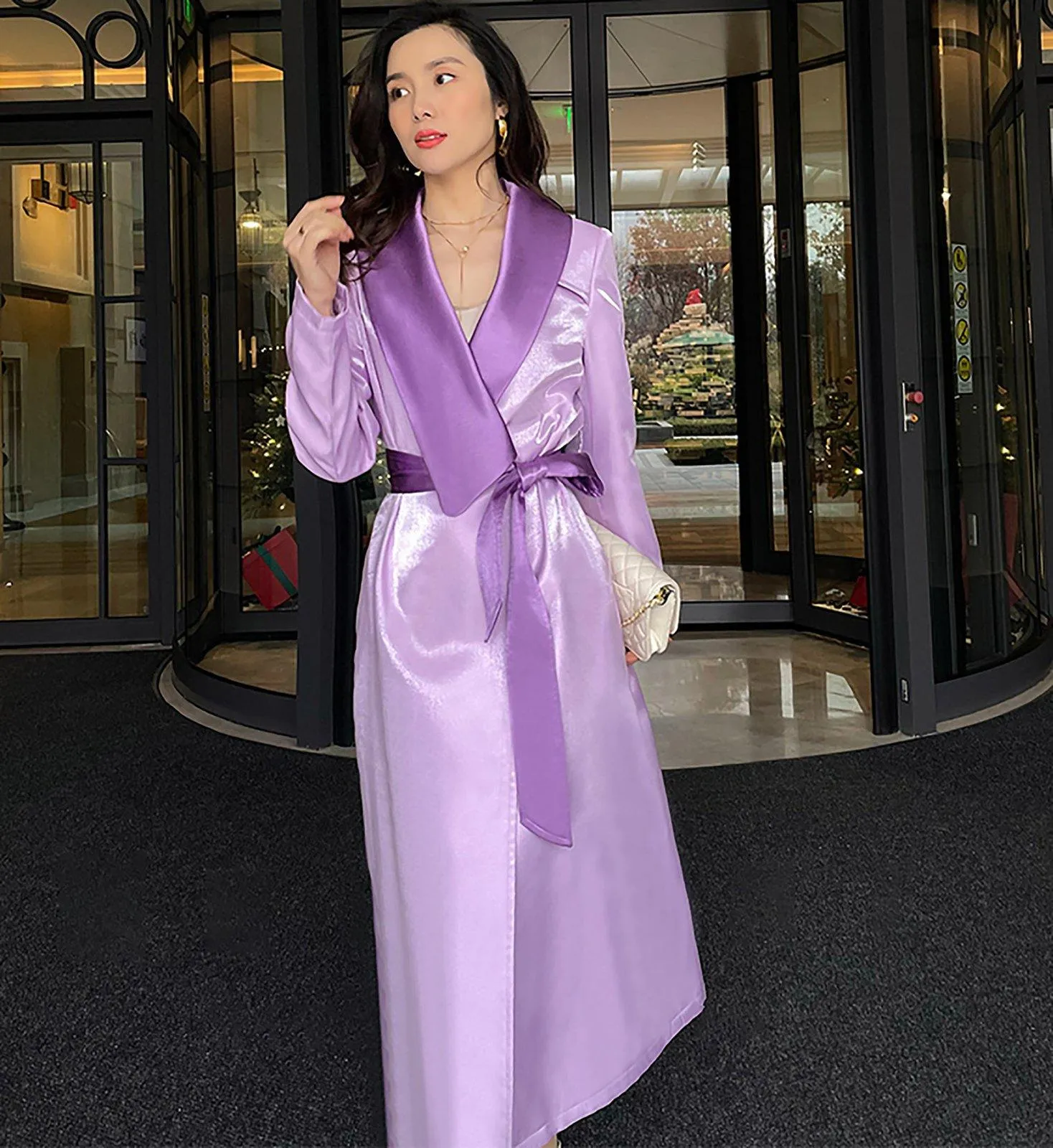 Women Purple Satin Belted Long Gown Trench Coat