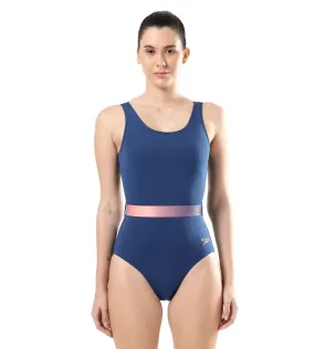 Women's Belted U Back One Piece Swimwear - Ammonite  &  Soft Coral