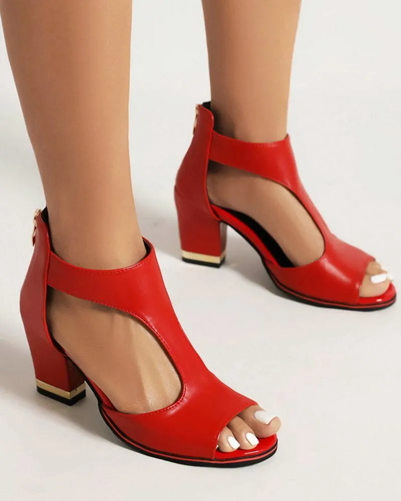 Women's Elegant Peep Toe Zipper Block Heel Sandals